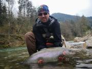 Rainbow trout and Oleg, April fly fishing Slovenia 2019 river